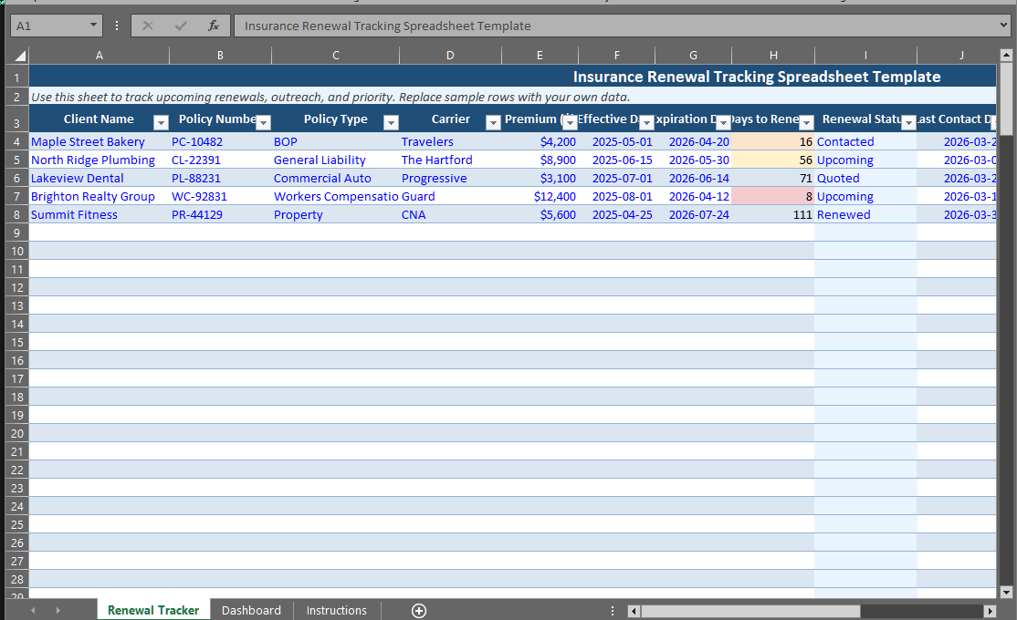Preview of the insurance renewal tracking spreadsheet template