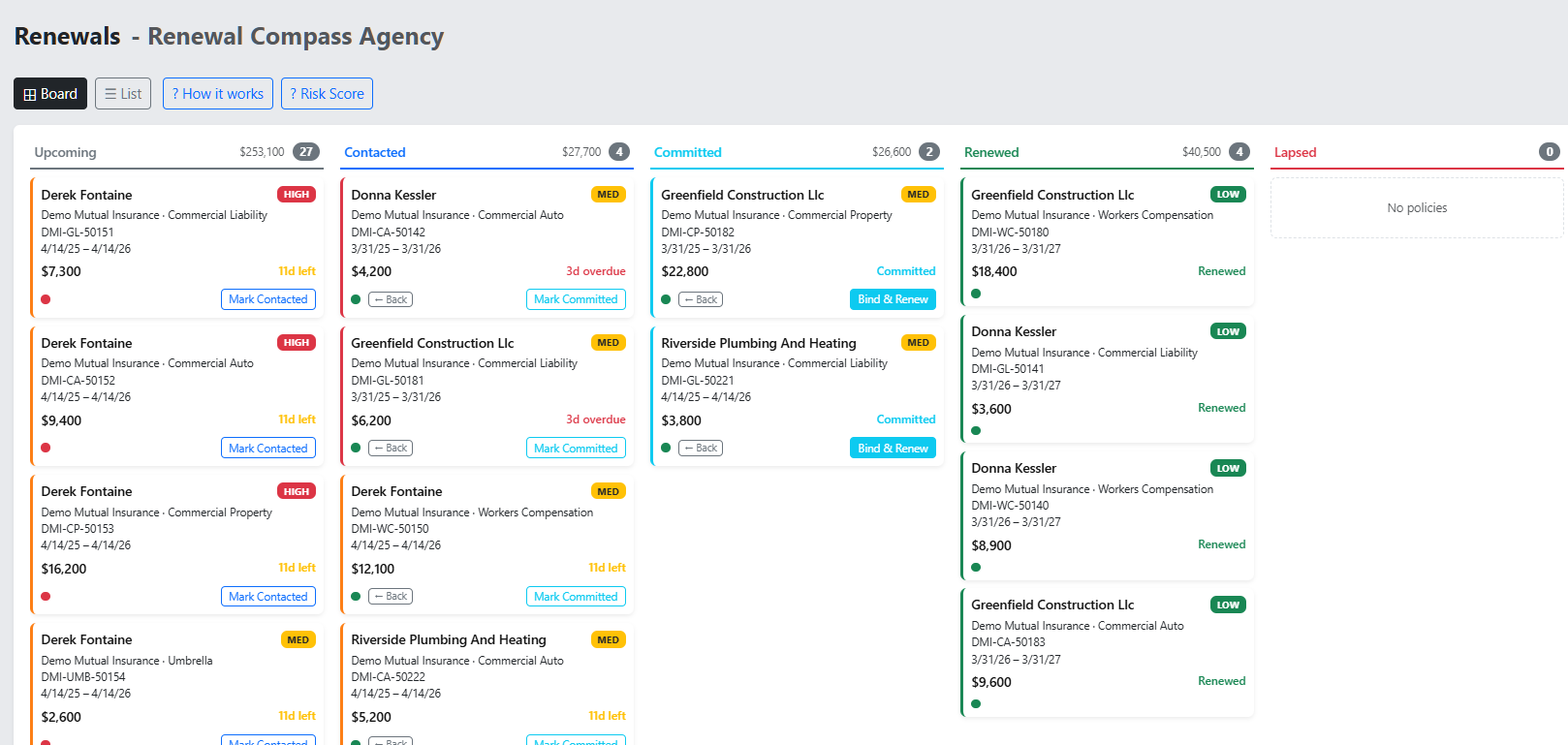 Renewal status workflow with stage-based policy tracking from upcoming to completed
