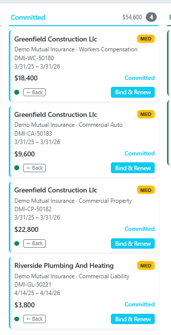 Policy renewal card showing one-click Bind and Renew stage progression