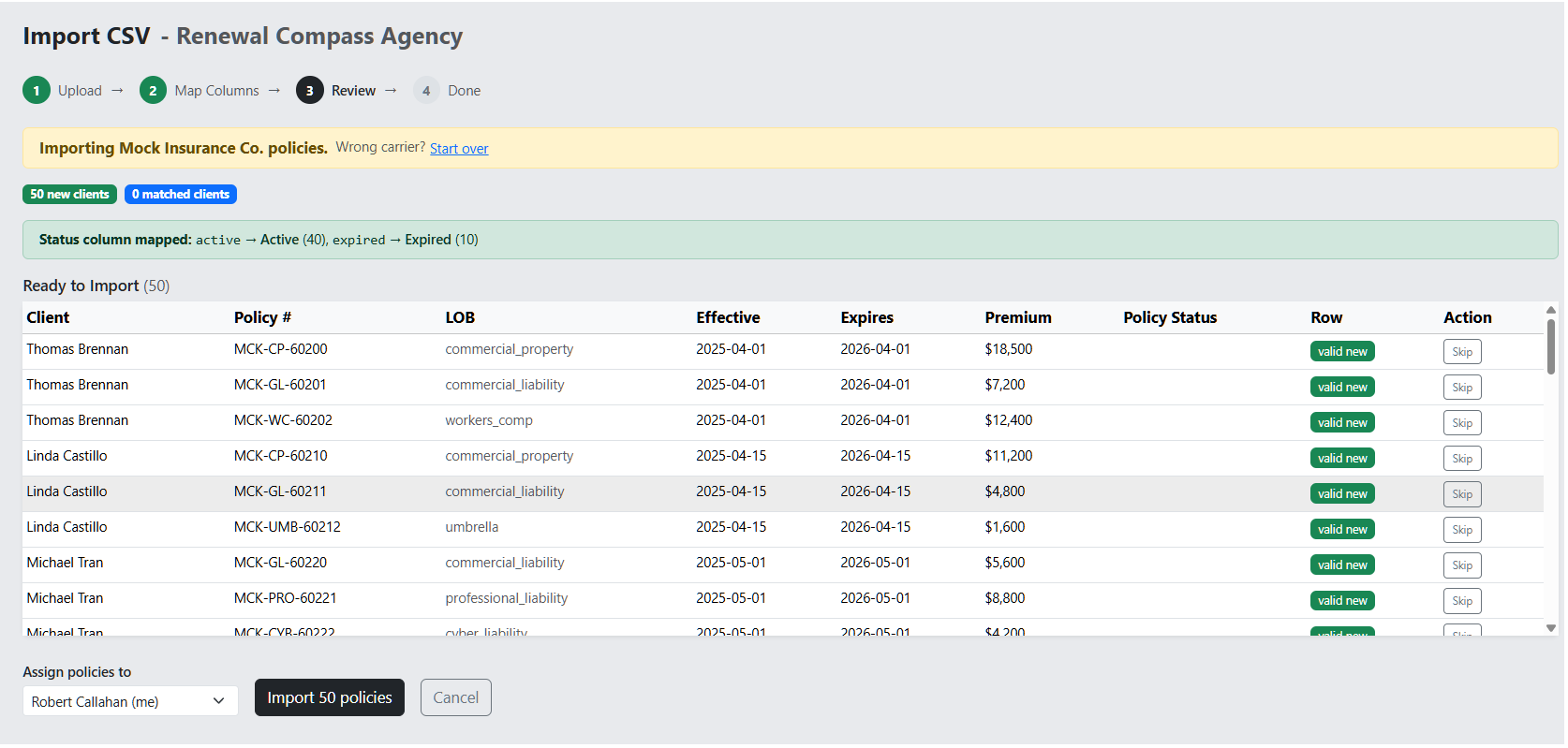 CSV import screen showing column mapping and staging review before records are committed