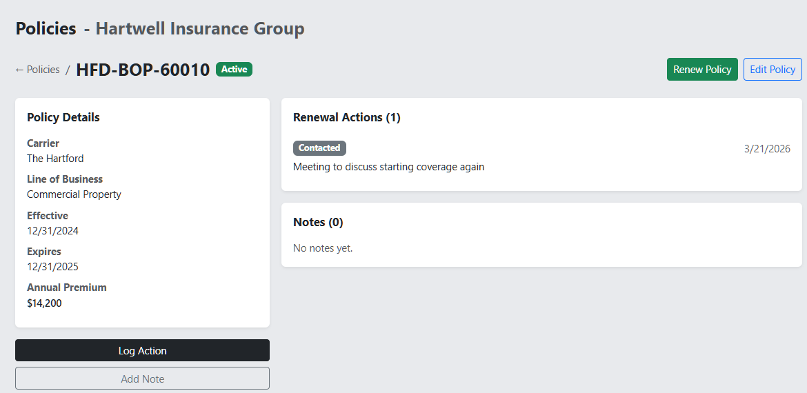 Screenshot: Policy detail showing renewal action log with dated entries for quote request, client contact, and follow-up notes
