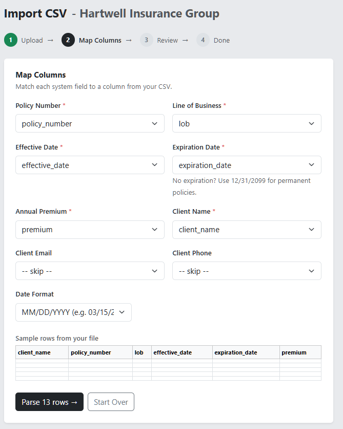 Screenshot: CSV import column mapping screen showing spreadsheet columns mapped to system fields with 312 records staged